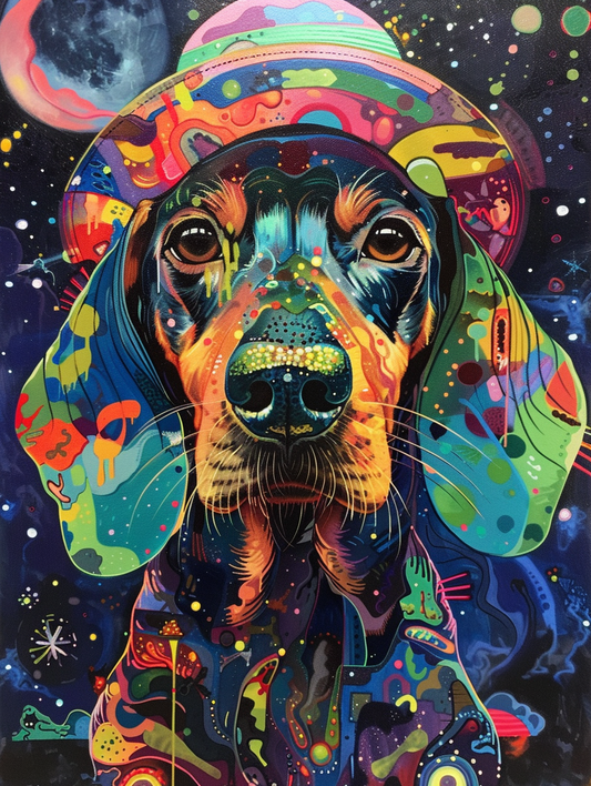 Colorful space Dachshund dog with a hat Expressive surreal Poster # F024935
