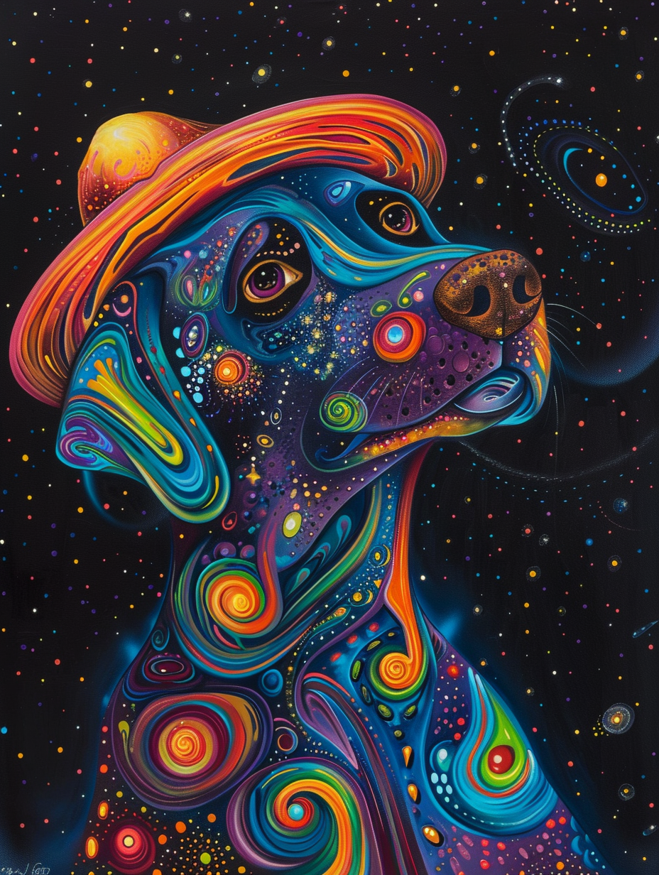 Colorful space Labrador Retriever dog with a hat Expressive surreal Poster # F024483