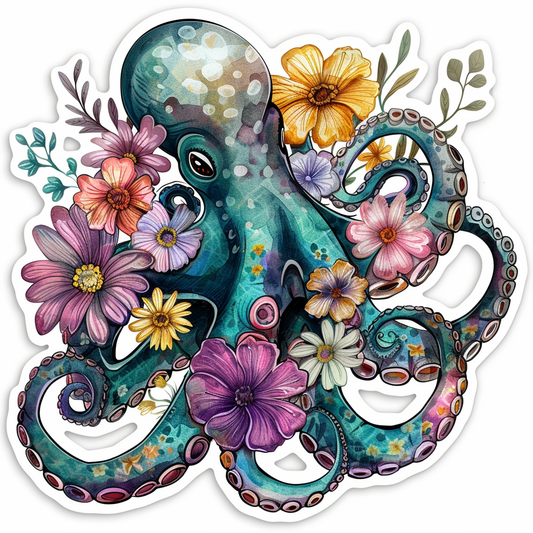 Octopus floral majestic Expressive surreal Vinyl Decal Sticker for Car, Laptop, Tumbler and more # F015536-4" x 4"