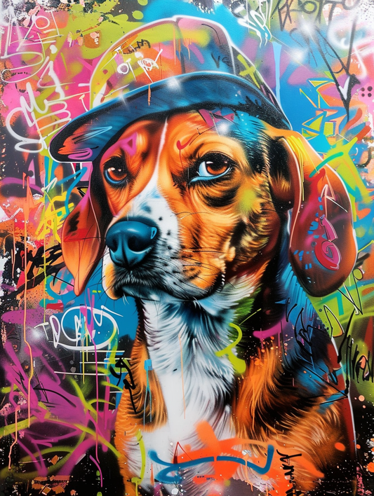 Colorful space Beagle dog with a hat Expressive surreal Poster # F024906