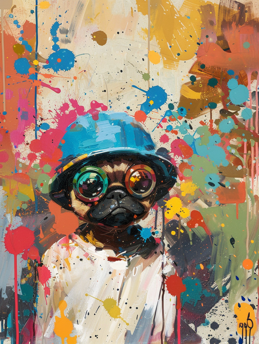 Colorful space Pug dog with a hat Expressive surreal Poster # F024989