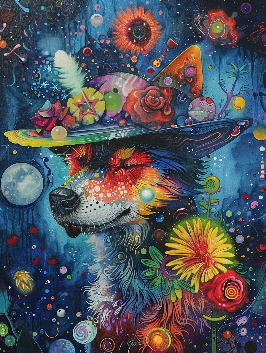 Colorful space Siberian Husky dog with a hat Expressive surreal Poster # F024402