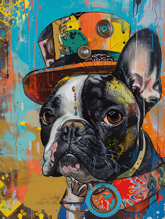 Colorful space French Bulldog dog with a hat Expressive surreal Poster # F025576