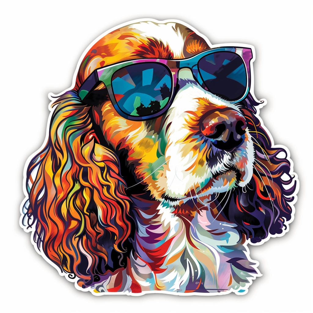 Sticker of a Cocker Spaniel Dog wearing sunglasses Expressive surreal Vinyl Decal Sticker for Car, Laptop, Tumbler and more # F020143