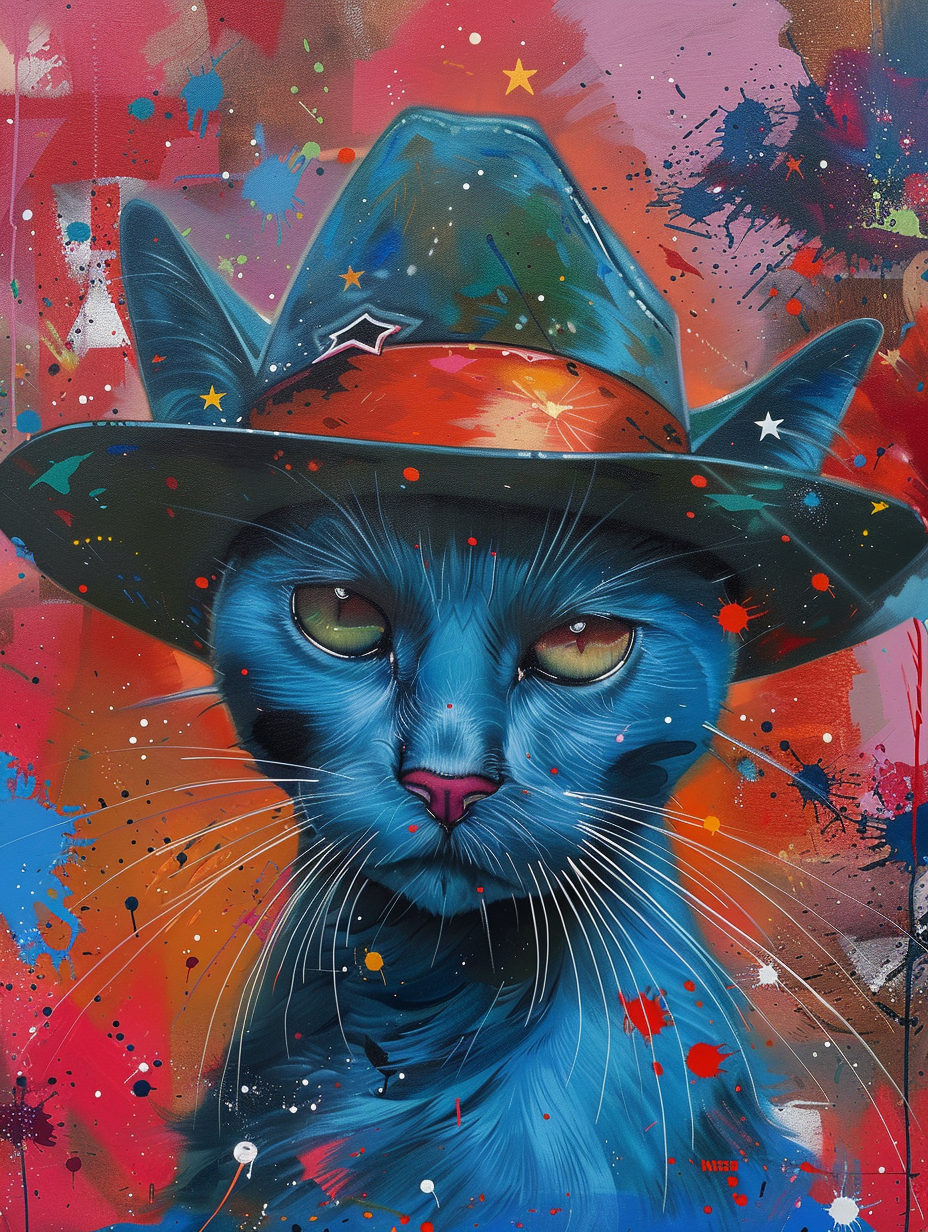 colorful space Russian Blue cat with a hat Expressive surreal Poster # F025345