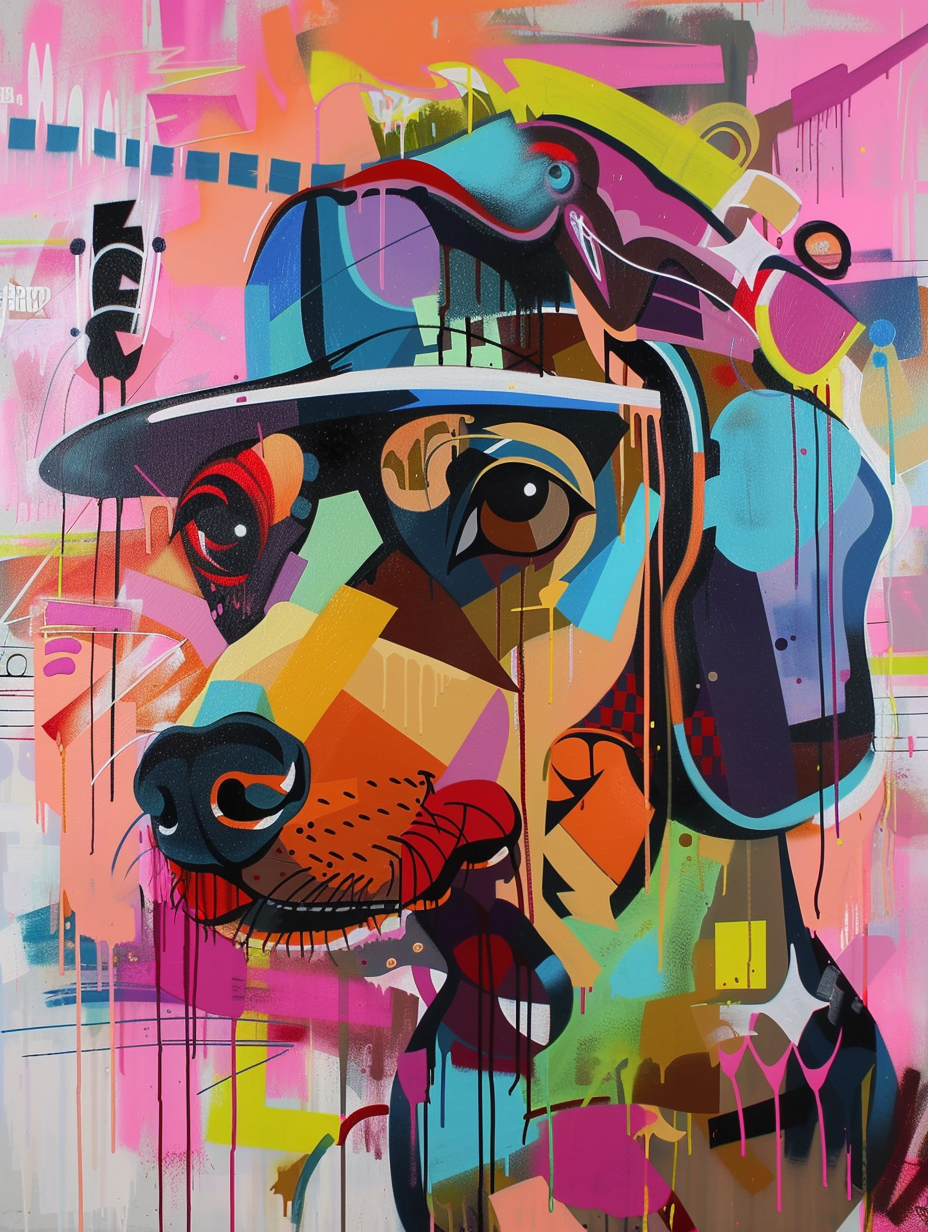 Colorful space Dachshund dog with a hat - Expressive surreal Poster # F025470