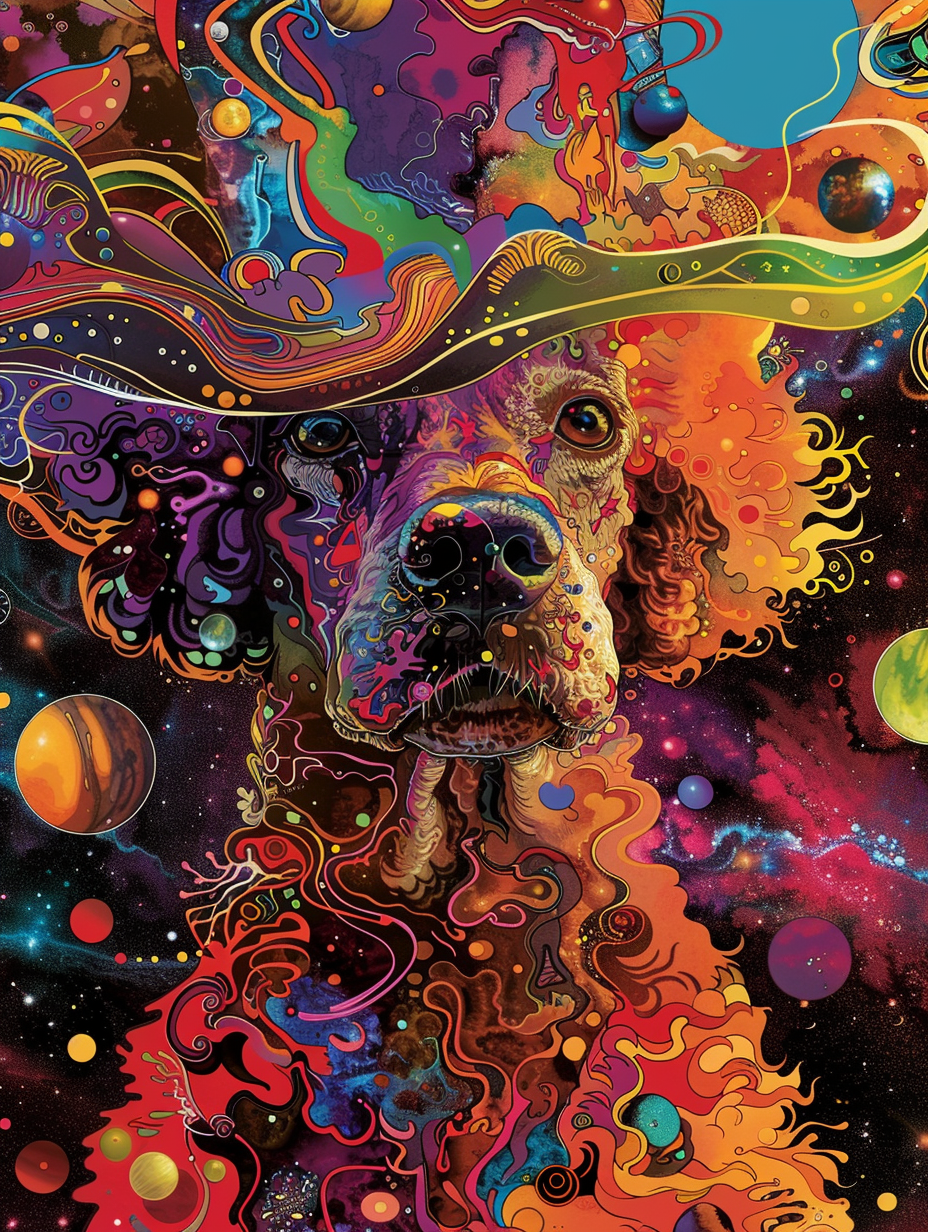 Colorful space Poodle dog with a hat Expressive surreal Poster # F024880