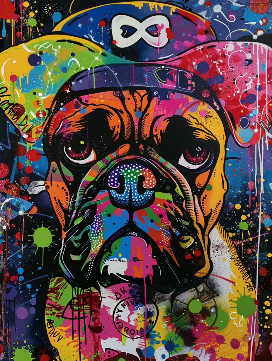 Colorful space Boxer dog with a hat Expressive surreal Poster # F024568