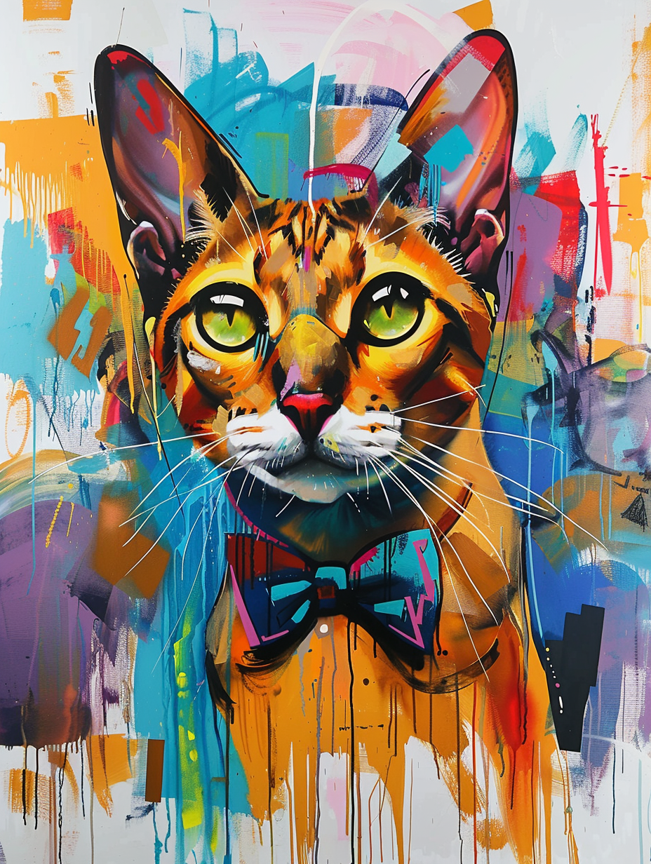 Colorful space Somali cat with a bow tie Expressive surreal Poster # F024380