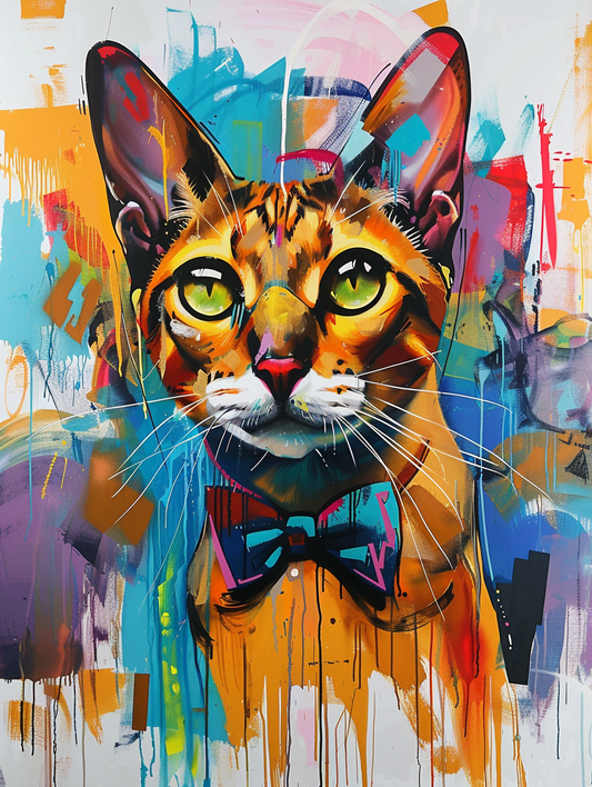 Colorful space Somali cat with a bow tie Expressive surreal Poster # F024380