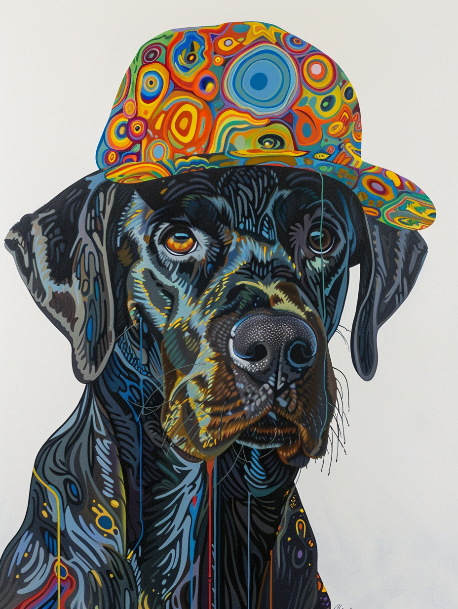 colorful space Labrador Retriever dog with a hat Expressive surreal Poster # F025549