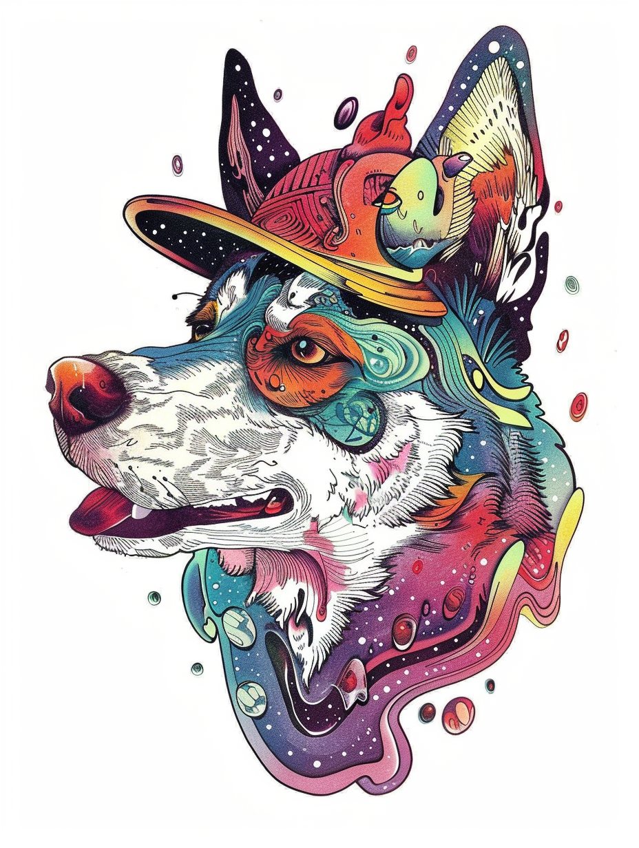 Colorful space Siberian Husky dog with a hat Expressive surreal Vinyl Decal Sticker for Car, Laptop, Tumbler and more # F025155