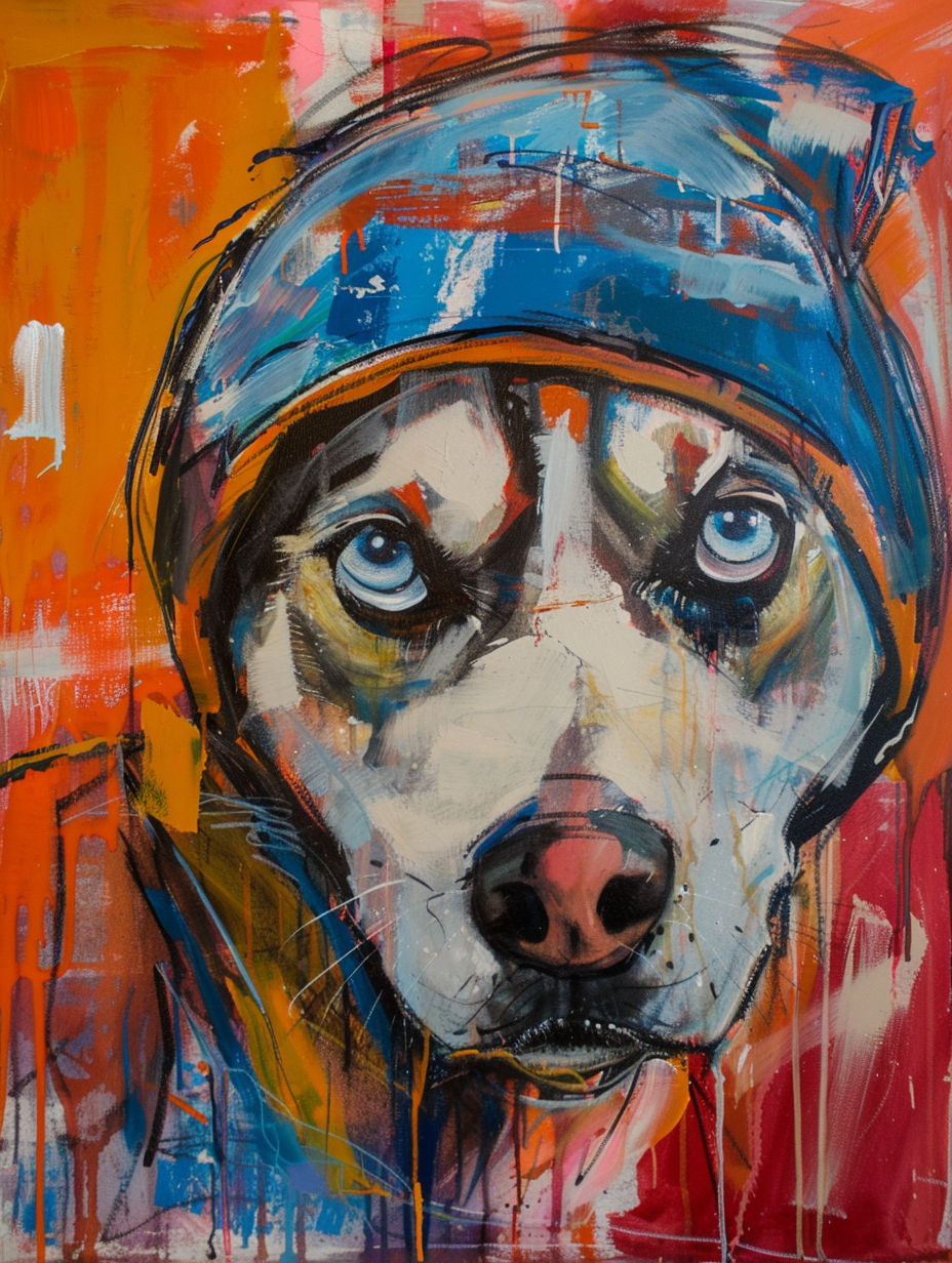 Colorful space Siberian Husky dog with a hat Expressive surreal Poster # F024439