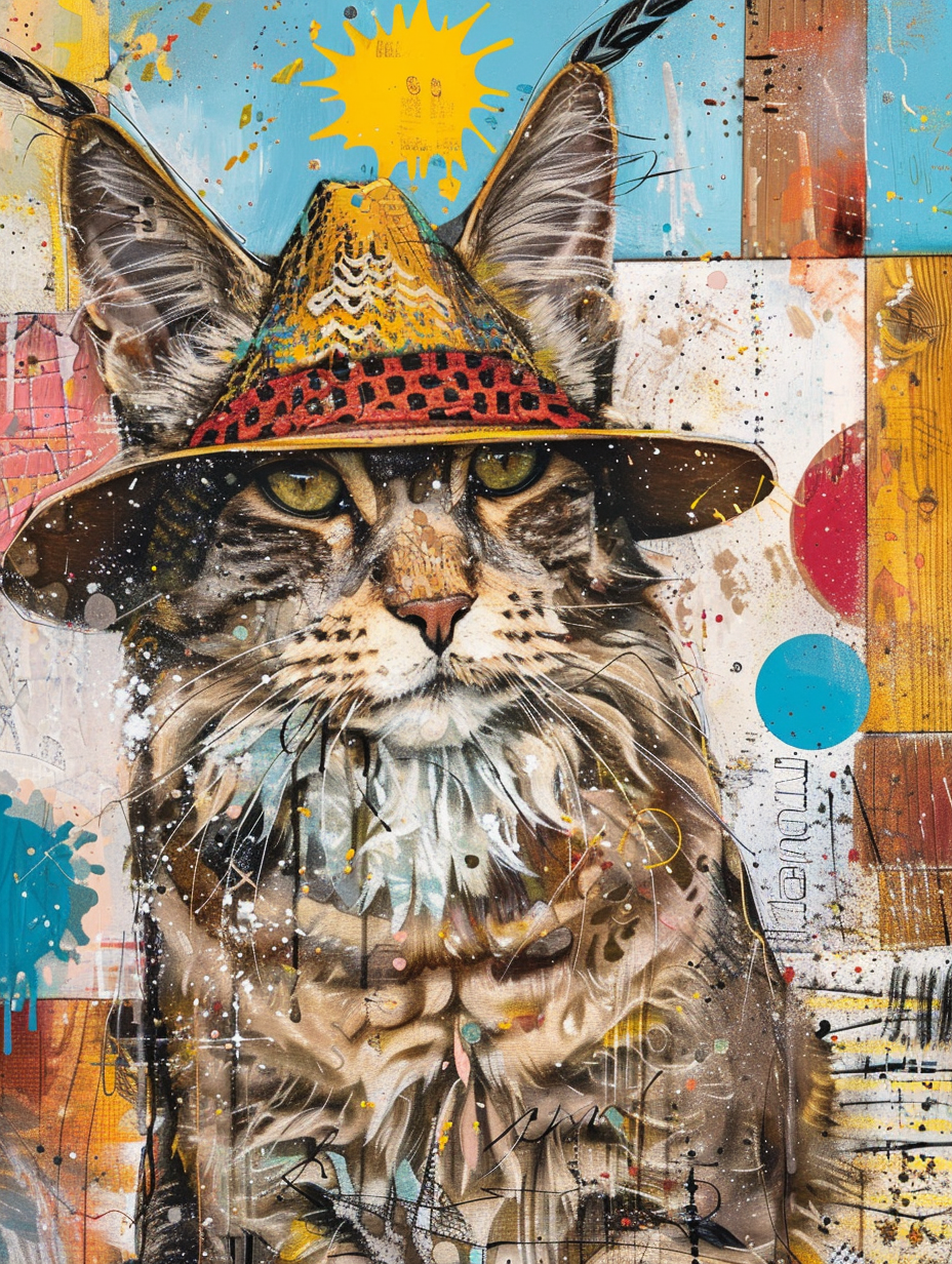 Colorful space Maine Coon cat with a hat Expressive surreal Poster # F024587