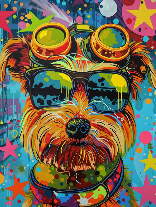 Colorful space Yorkshire Terrier dog with a hat Expressive surreal Poster # F025431