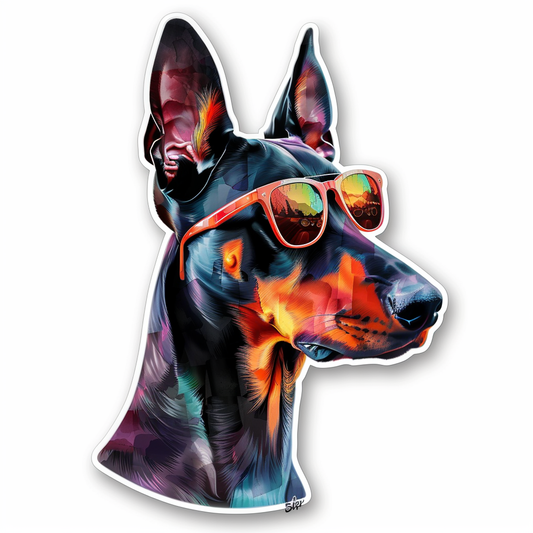 Sticker of a Doberman Pinscher Dog wearing sunglasses Expressive surreal Vinyl Decal Sticker for Car, Laptop, Tumbler and more # F019246