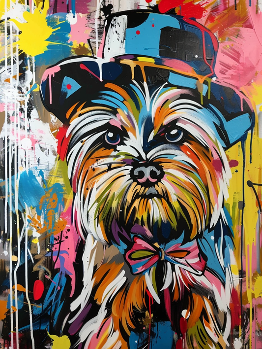 Colorful space Yorkshire Terrier dog with a hat Expressive surreal Poster # F025452