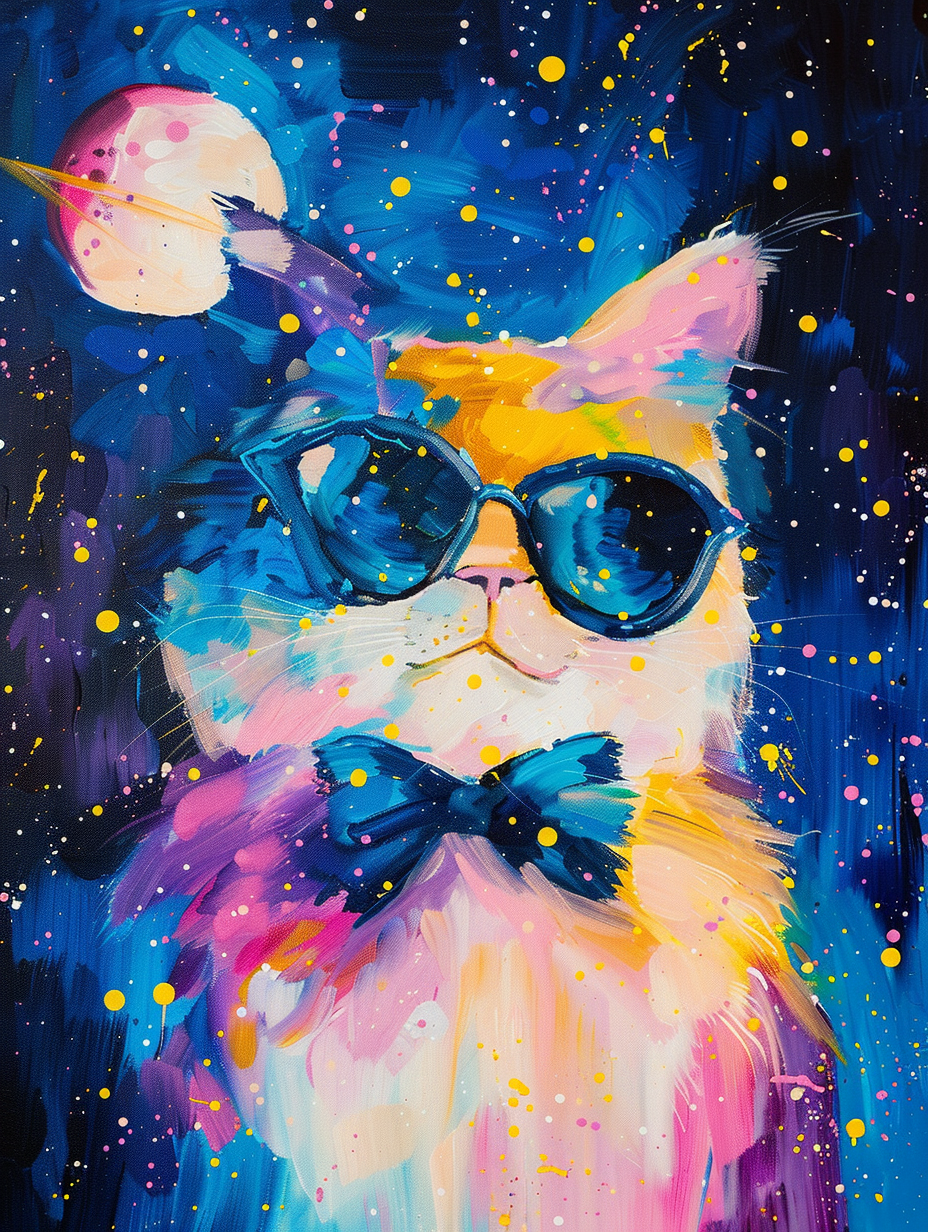 Colorful space Persian cat with a bow tie Expressive surreal Poster # F024684