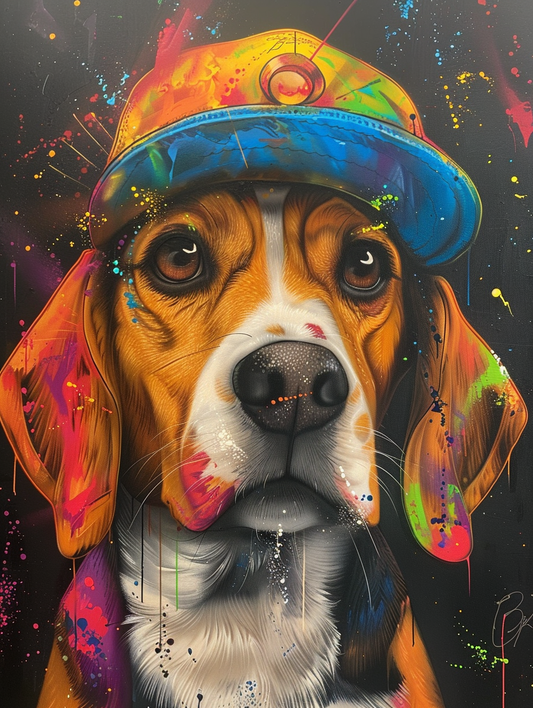colorful space Beagle dog with a hat Expressive surreal Poster # F025636