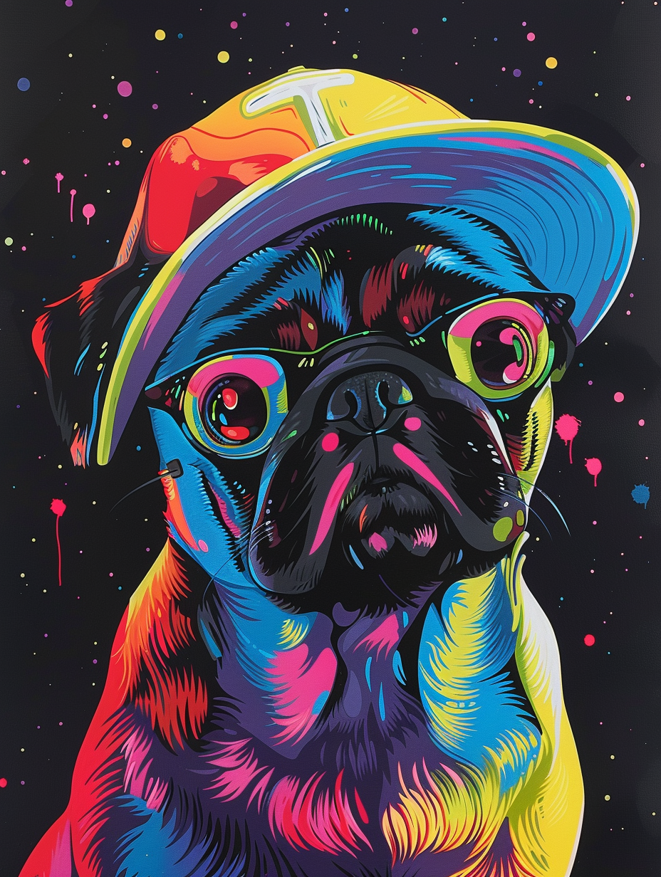 Colorful space Pug dog with a hat Expressive surreal Poster # F025506