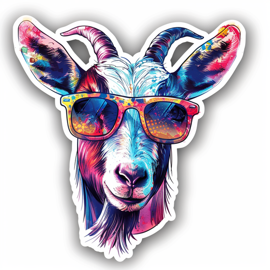 Goat wearing sunglasses Expressive surreal Vinyl Decal Sticker for Car, Laptop, Tumbler and more # F020441-4" x 4"