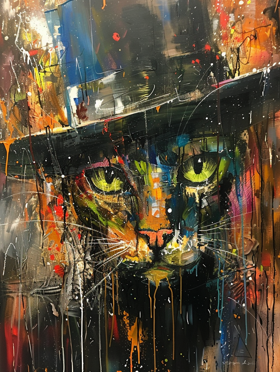 Colorful space Maine Coon cat with a hat by Hebru Expressive surreal Poster # F024608