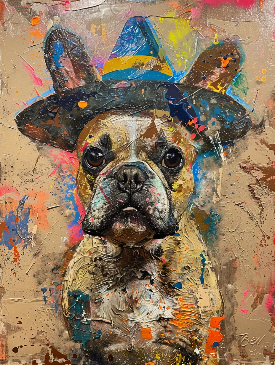 Colorful space French Bulldog dog with a hat Expressive surreal Poster # F025169