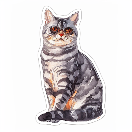 American Shorthair Cat wearing sunglasses Expressive surreal Vinyl Decal Sticker for Car, Laptop, Tumbler and more # F019882-4" x 4"