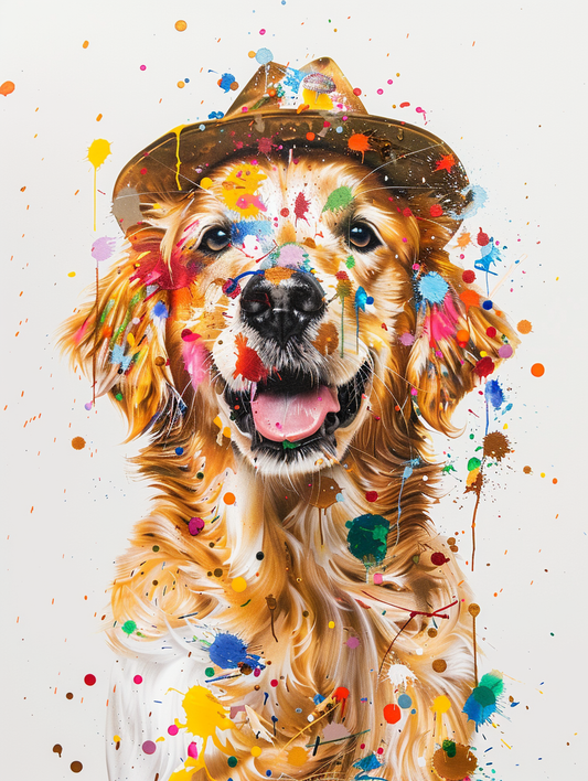 colorful space Golden Retriever dog with a hat Expressive surreal Poster # F025054