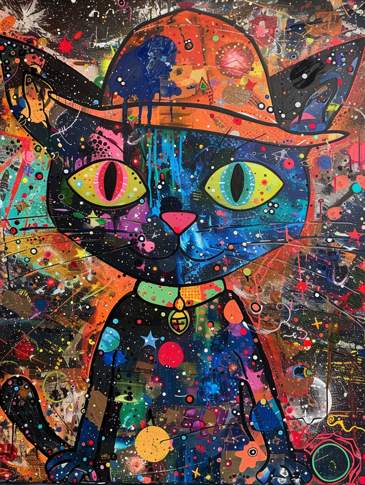 colorful space Manx cat with a hat Expressive surreal Poster # F025252