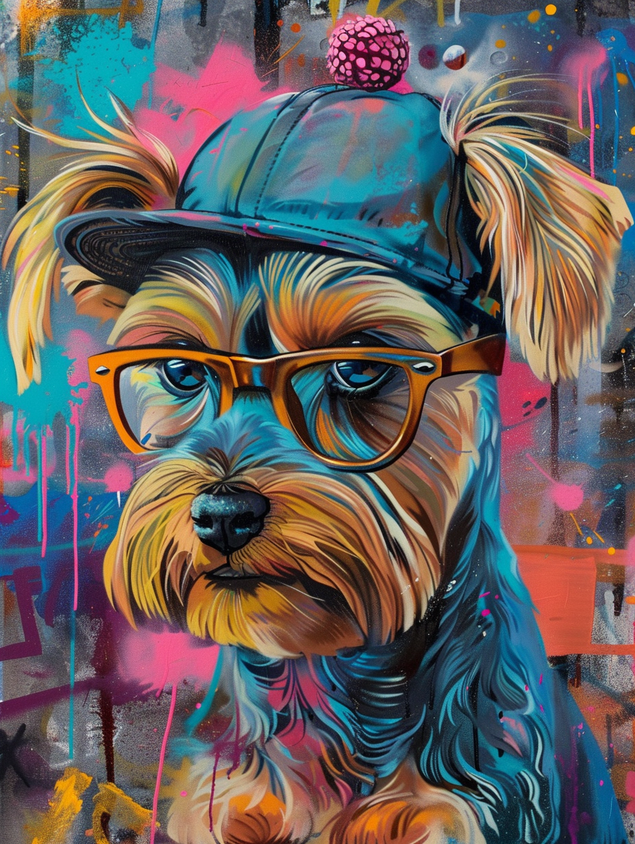 Colorful space Yorkshire Terrier dog with a hat Expressive surreal Poster # F025084