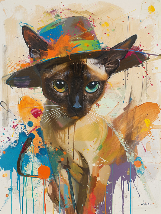 Colorful space Burmese cat with a hat by Hebru Bra Expressive surreal Poster # F024652
