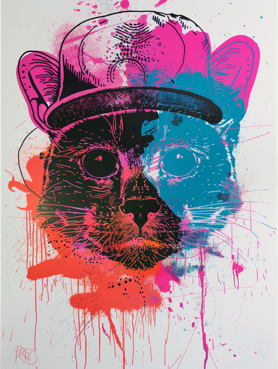 Colorful space Persian cat with a hat Expressive surreal Poster # F025287