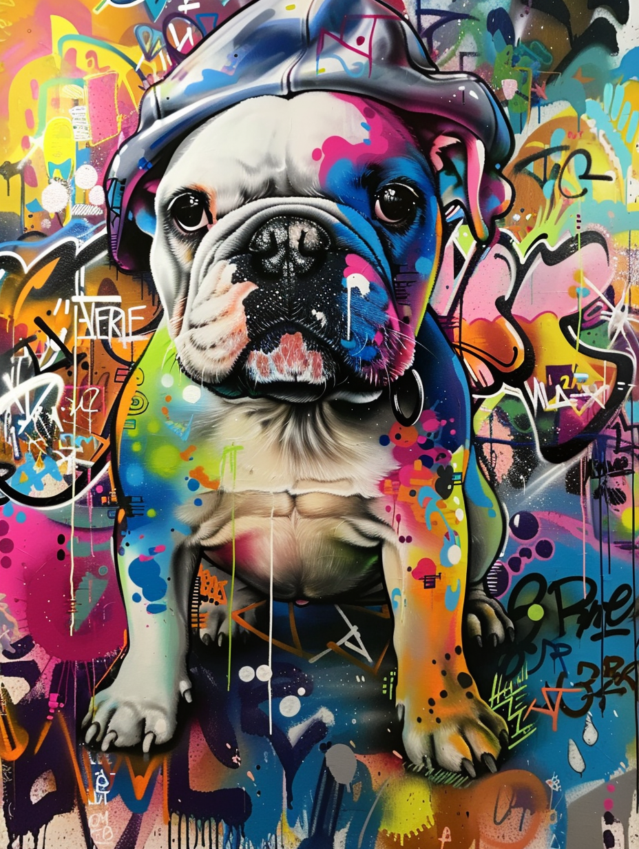Colorful space Bulldog dog with a hat Expressive surreal Poster # F025649
