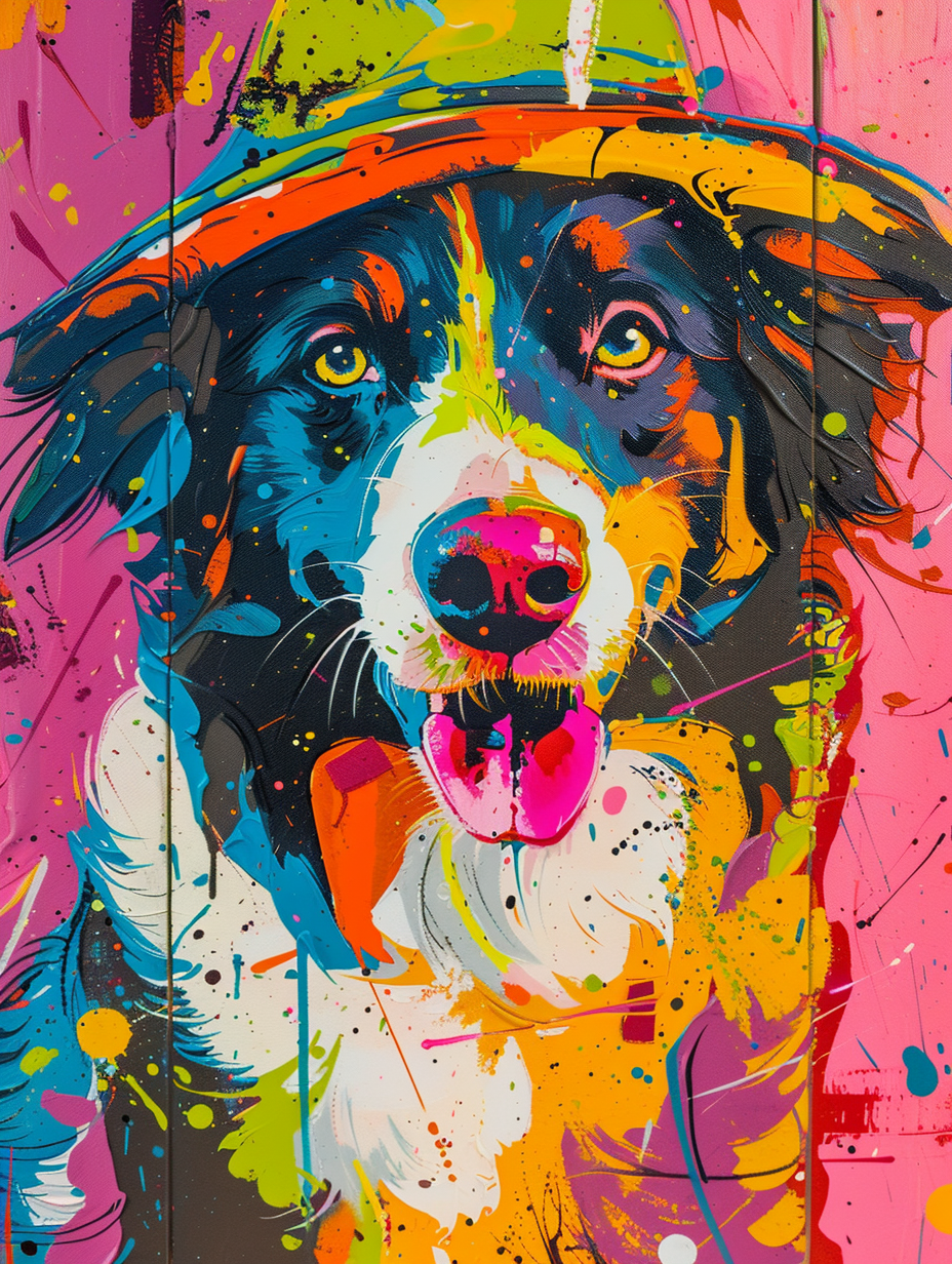 Colorful space Border Collie dog with a hat Expressive surreal Poster # F025497
