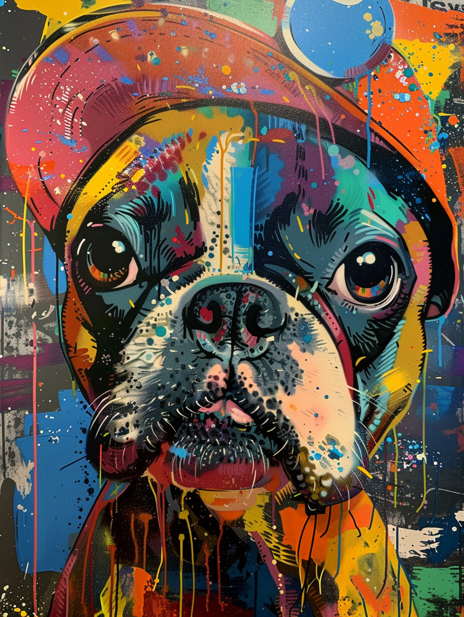 Colorful space Boxer dog with a hat Expressive surreal Poster # F025088