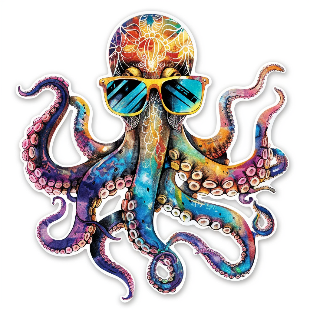 Sticker of a Octopus wearing sunglasses majestic Expressive surreal Vinyl Decal Sticker for Car, Laptop, Tumbler and more # F015374