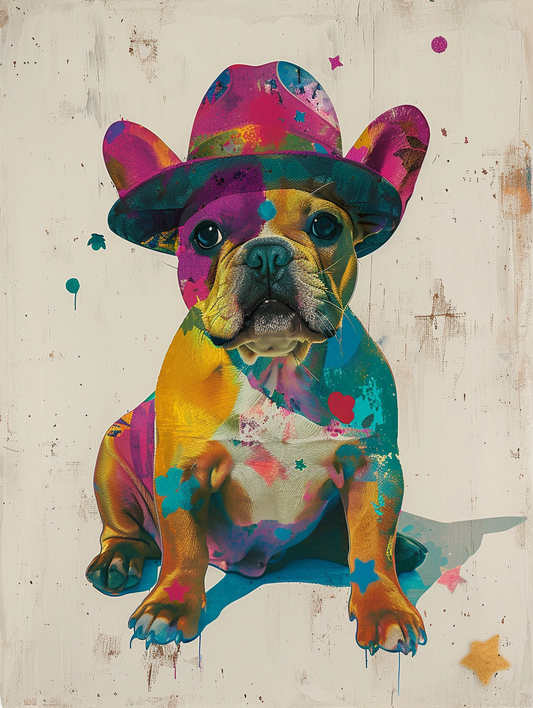 Colorful space French Bulldog dog with a hat Expressive surreal Poster # F025555
