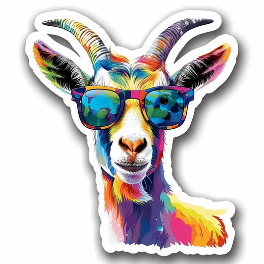 Goat wearing sunglasses Expressive surreal Vinyl Decal Sticker for Car, Laptop, Tumbler and more # F020449-4" x 4"