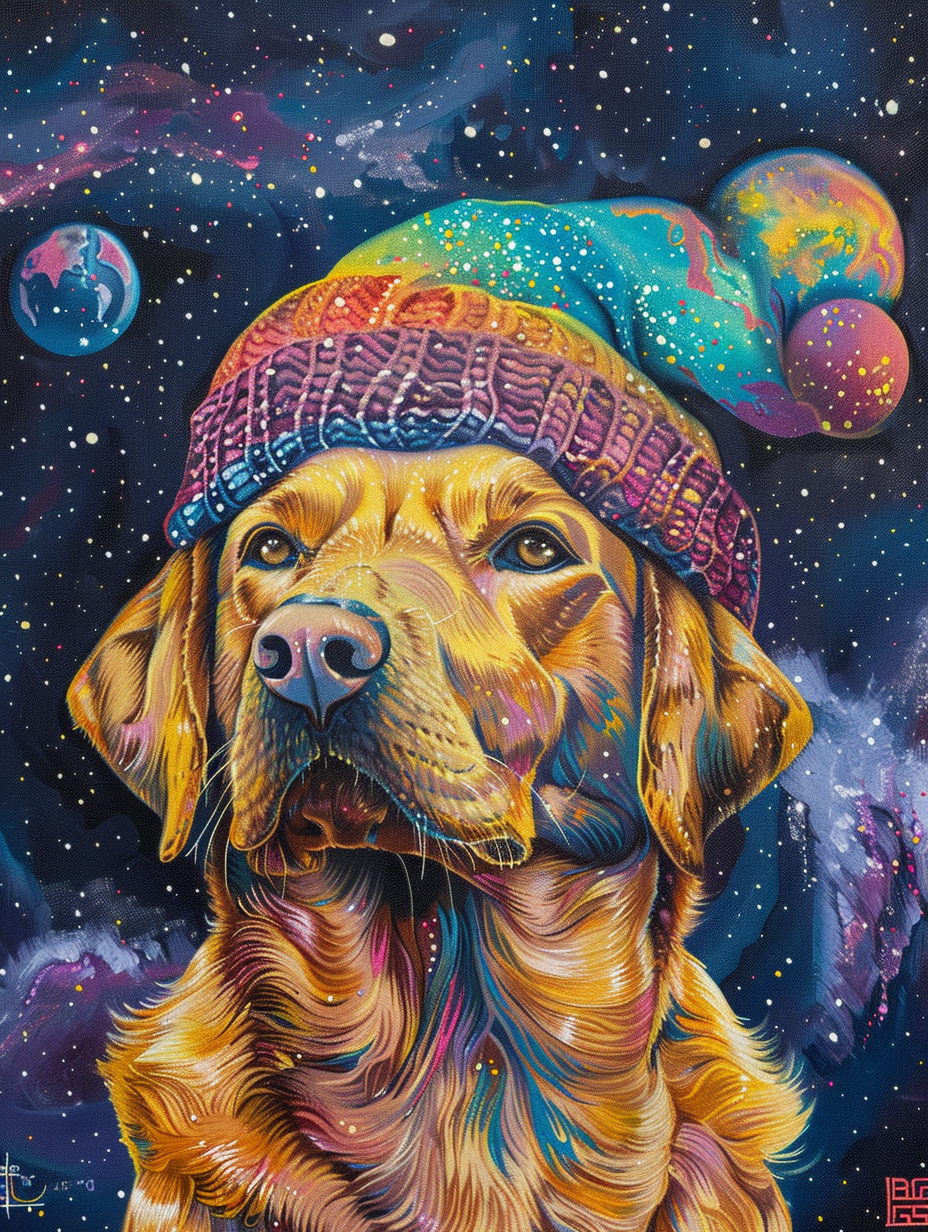 Colorful space Labrador Retriever dog with a hat Expressive surreal Poster # F024446
