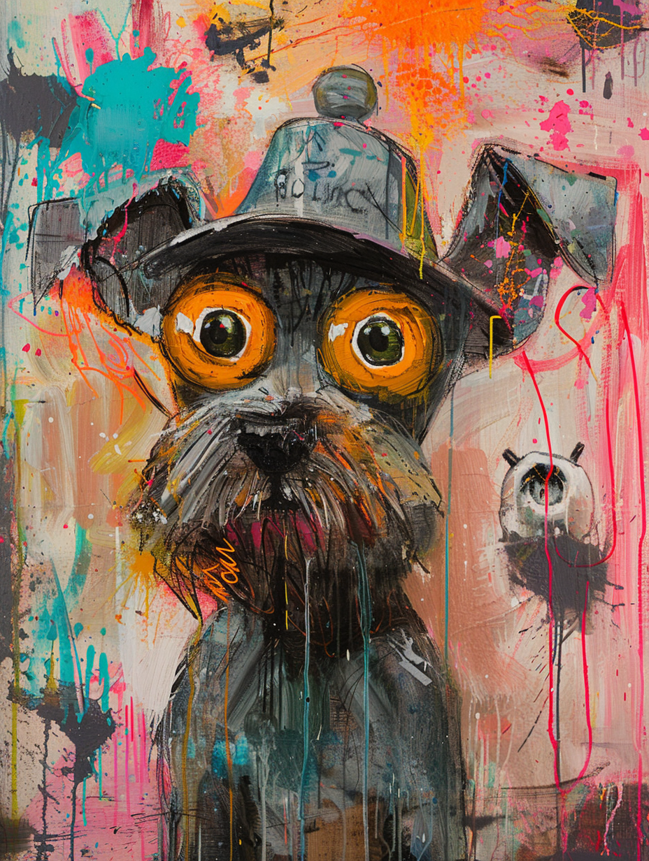 Colorful space Miniature Schnauzer dog with a hat Expressive surreal Poster # F025172