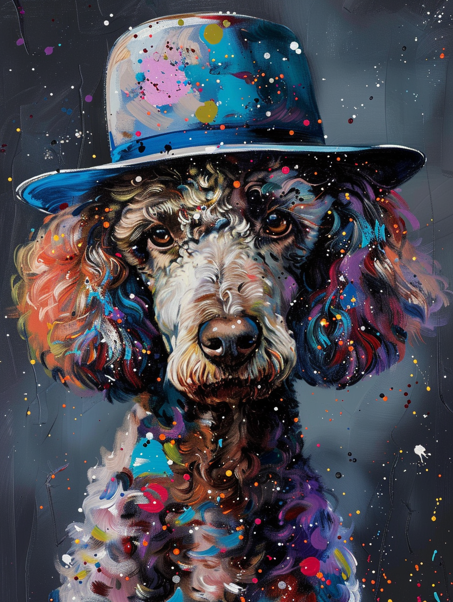 Colorful space Poodle dog with a hat Expressive surreal Poster # F024952
