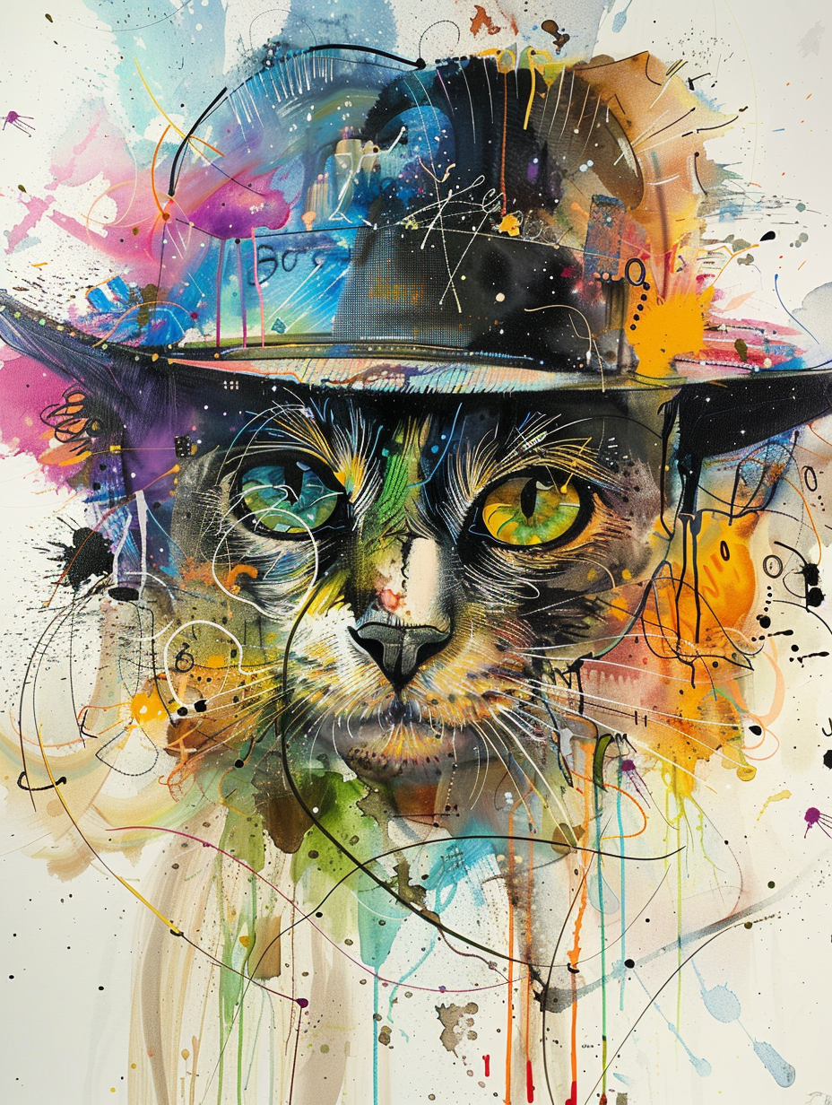 colorful space Scottish Fold cat with a hat Expressive surreal Poster # F024648