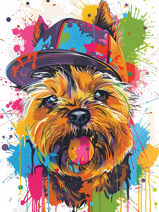 Colorful space Yorkshire Terrier dog with a hat Expressive surreal Poster # F025620