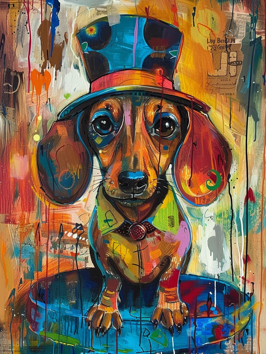 Colorful space Dachshund dog with a hat Expressive surreal Poster # F025083