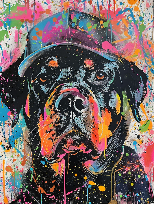 Colorful space Rottweiler dog with a hat Expressive surreal Poster # F024496