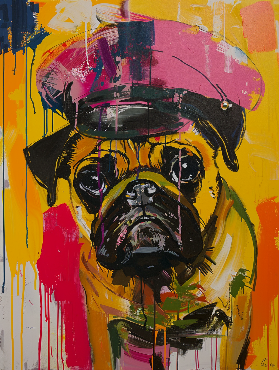 Colorful space Pug dog with a hat Expressive surreal Poster # F025501