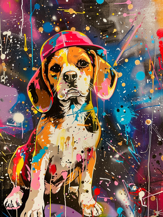 Colorful space Beagle dog with a hat Expressive surreal Poster # F025086