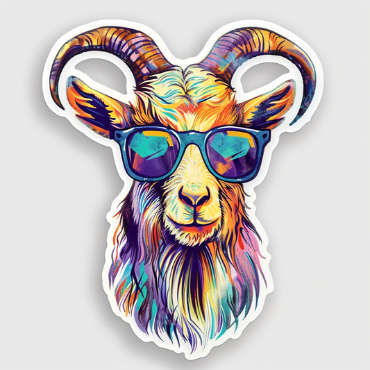Goat wearing sunglasses Expressive surreal Vinyl Decal Sticker for Car, Laptop, Tumbler and more # F020440-4" x 4"