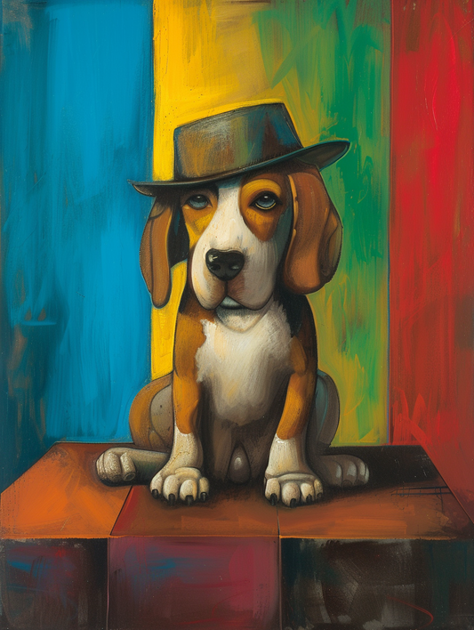 Colorful space Beagle dog with a hat Expressive surreal Poster # F024917